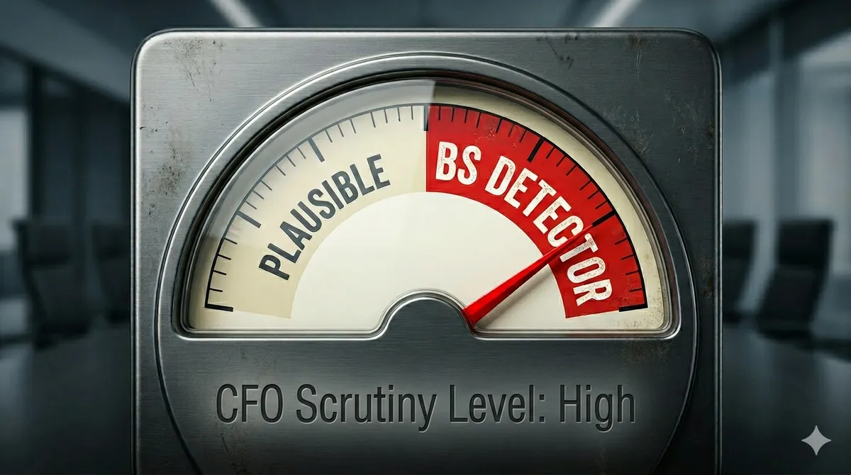 A CFO scrutinizing a vendor's business case across a boardroom table